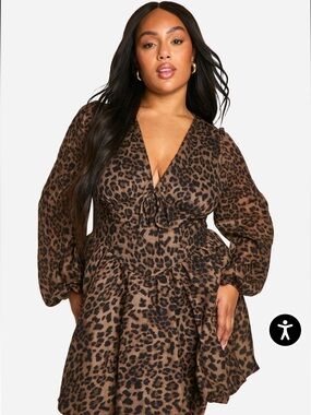 Boohoo Brown and Black Leopard Print Long Sleeve Dress